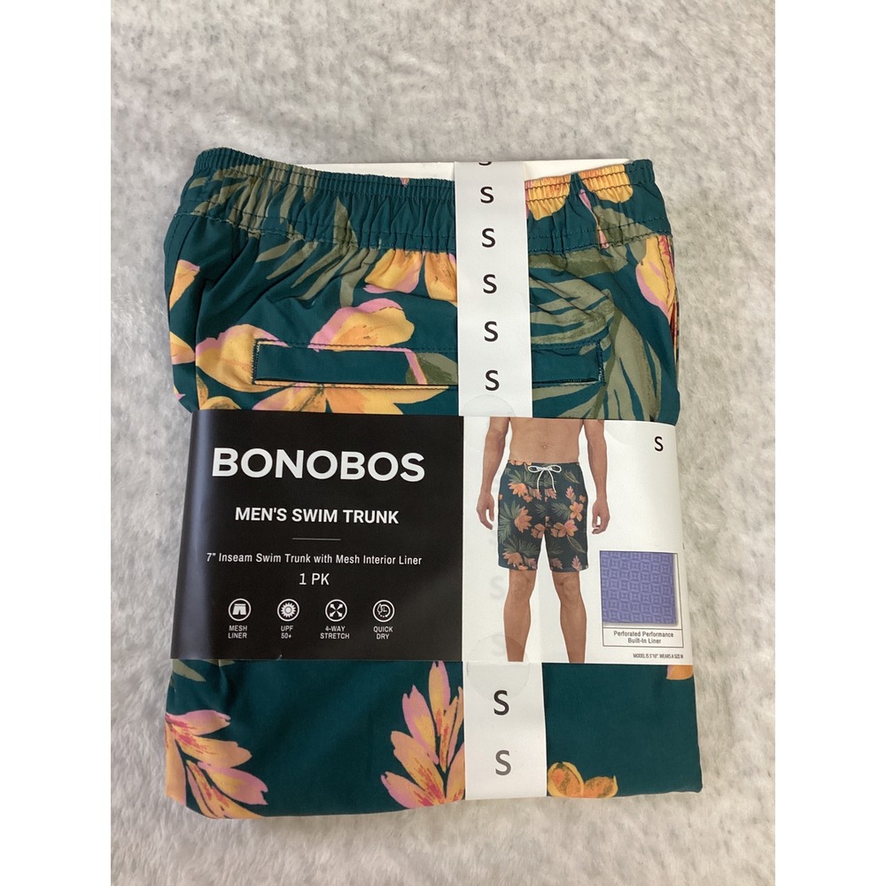 Bonobos Mens 7 Inch Inseam Swim Trunks Green Tropical Floral Small NWT